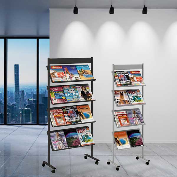 Présentoir mobile Gris Brochure-Displays® - Largeur utile 47 cm Réf : 340810 - 4 étagères inclinées, fixes_1