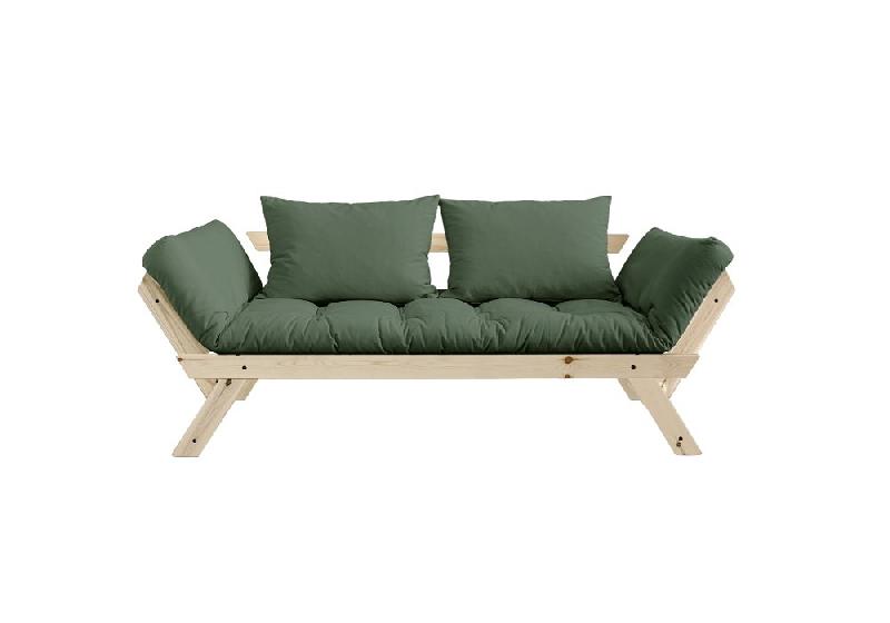Banquette méridienne futon BEBOP - pin naturel - coloris vert olive - couchage 75x200 cm - convertible et design moderne_1