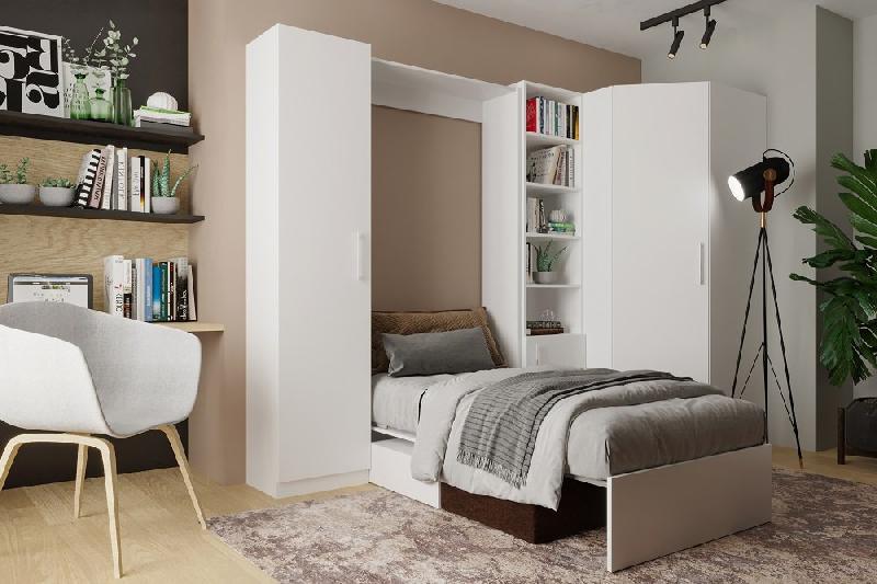 Composition angle lit escamotable blanc Dynamo Sofa - canapé intégré marron - couchage 90x200 cm - dimensions 301x100 cm_1