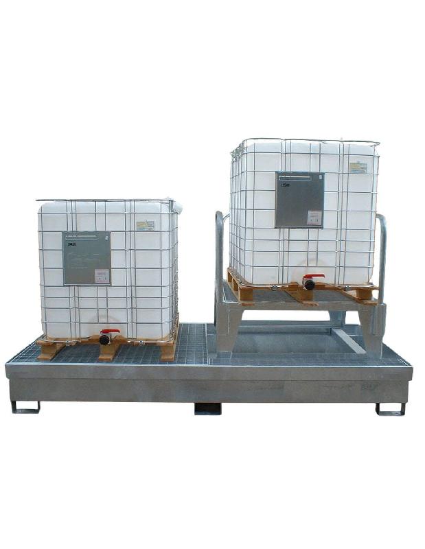 Bac de rétention Bi-conteneur 1000 L acier galvanisé + Caillebotis ou Rehausses cuve en option - Caillebotis acier galvanisé, avec 1 x Rehausse de cuve_1