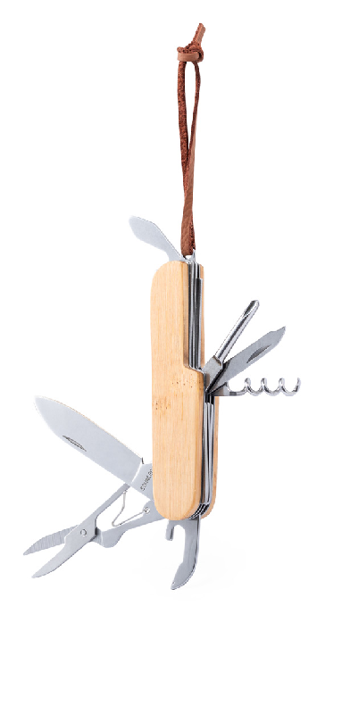 Couteau de poche multifonctions en acier inoxydable - manche bambou - 9 fonctions - avec bandoulière similicuir_1