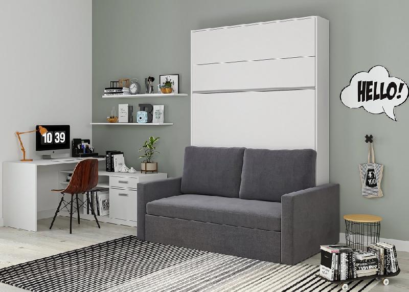 Armoire lit escamotable DJUKE SOFA blanc mat - canapé gris intégré 140x200 cm_1