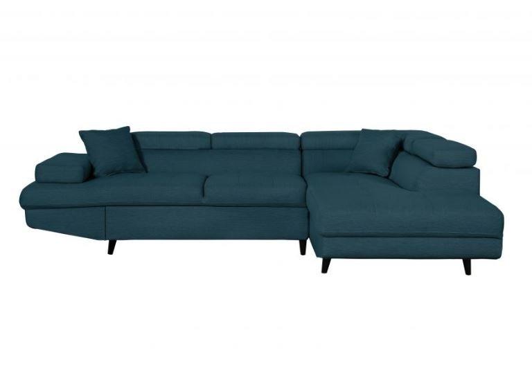 Canapé d'angle méridienne droite RINO - convertible avec coffre - bleu canard - pieds laqués noir - 3 têtières réglables - 2 coussins déco_1