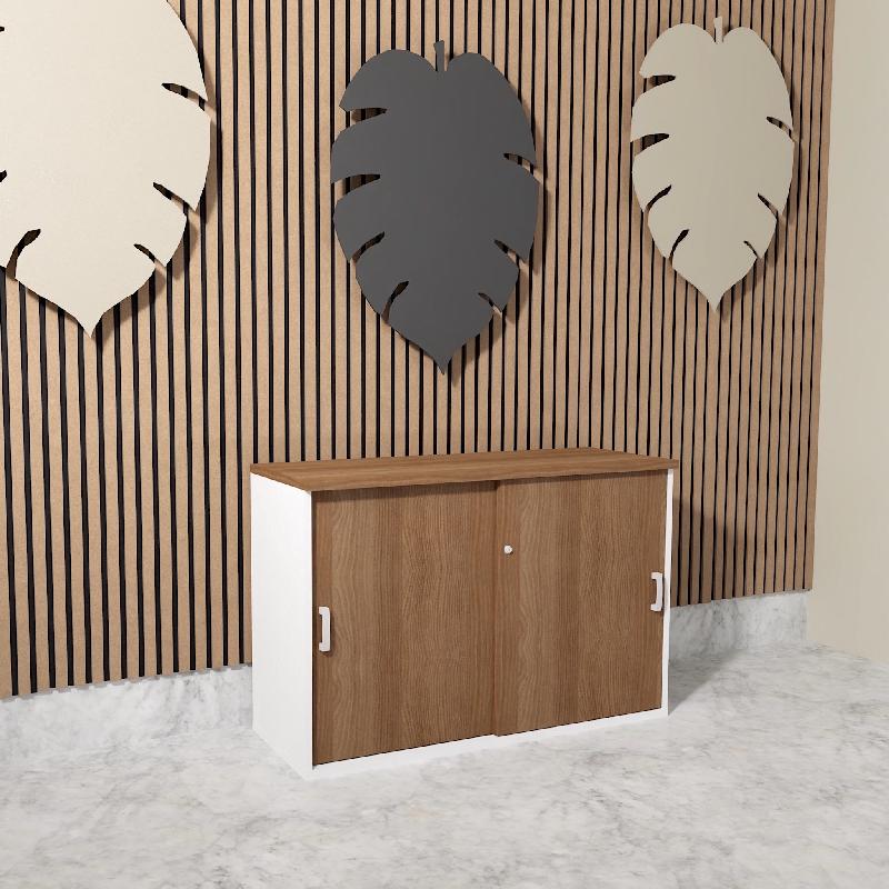 Armoire basse à portes coulissantes Mobel Linea. - 100, Blanc pastel, Acacia foncé_1