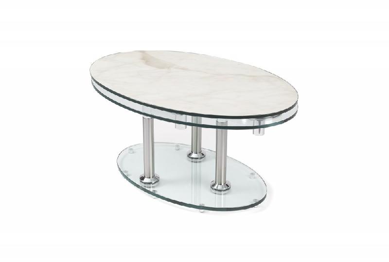 Table basse double céramique Marble blanc - plateaux pivotants en verre trempé et piétement en acier brossé_1
