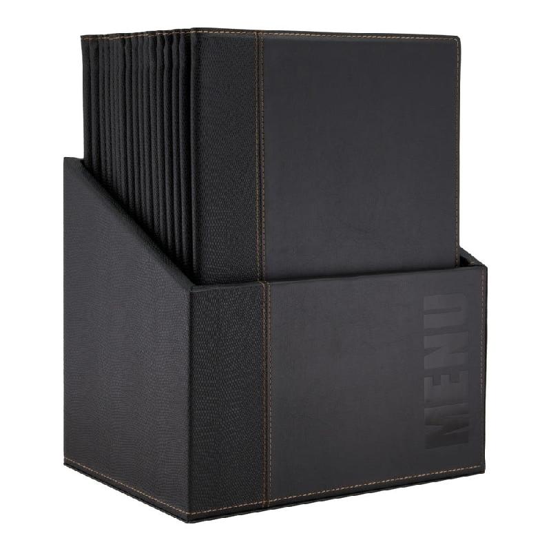Box carte menu simili cuir noir 28x20x35 cm + 20 cartes A4 de 4 pages 24x31.5 cm_1