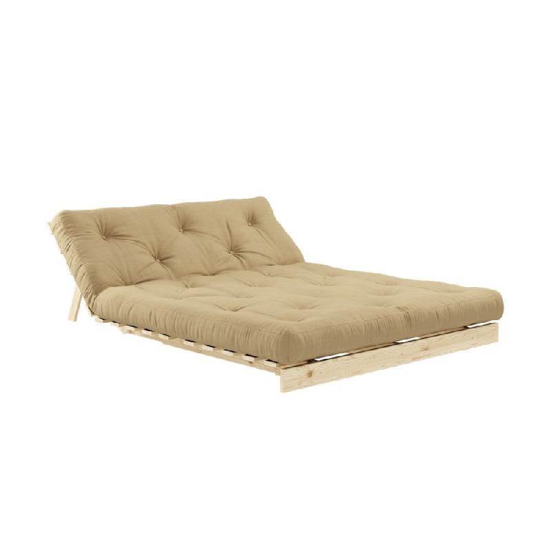 Canapé convertible futon ROOTS - Pin naturel - Tissu beige blé - Couchage 160x200 cm - Design japonais et scandinave_1