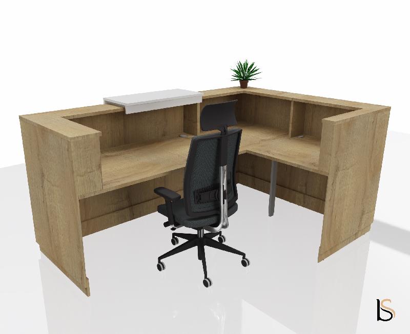 Banque d'accueil d'angle Delta Plus avec réhausse - Mobel Linea - 224, Blanc mat, Gauche, Non, Chêne veiné_2