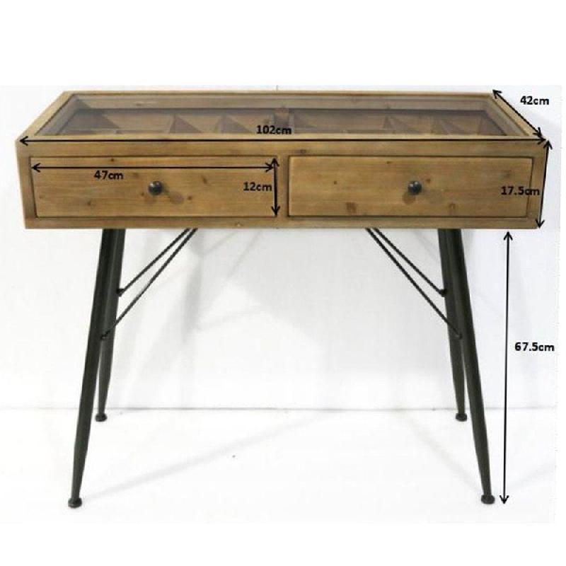 Console vitrine en bois avec 2 tiroirs à compartiments 102x42xH85 cm_1