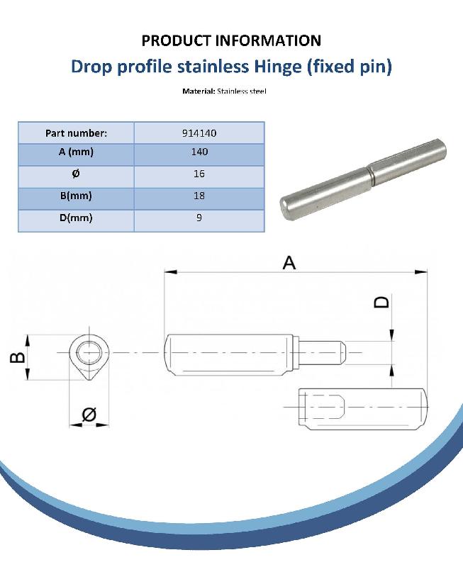 Charnière 140mm Profil de chute en acier inoxydable axe fixe soudable_1