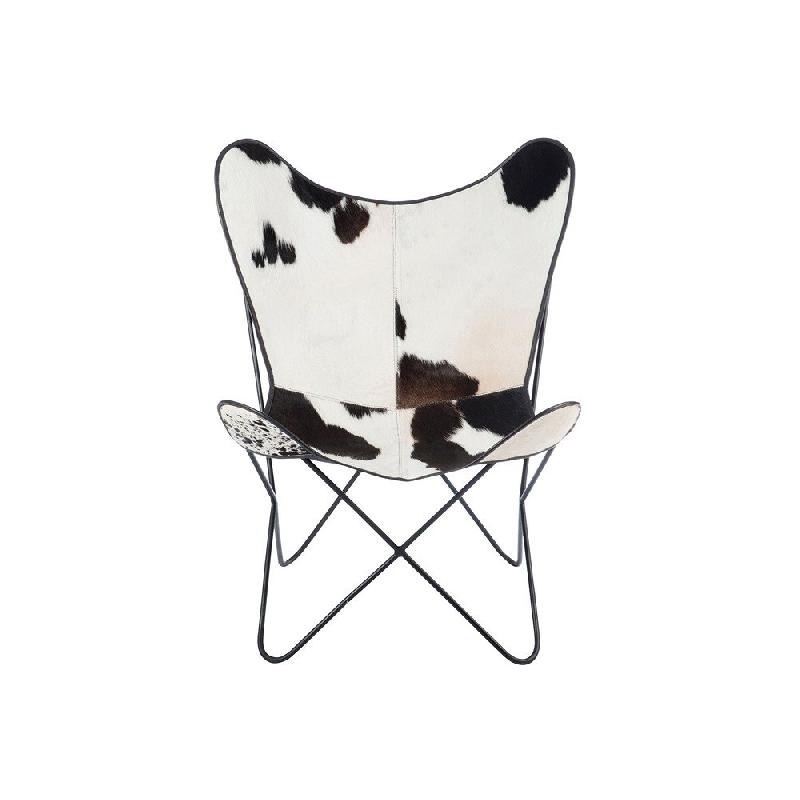 Fauteuil en cuir Loulou - Peau de vache noire et blanche - Design ethnique - Pieds en métal noir_1