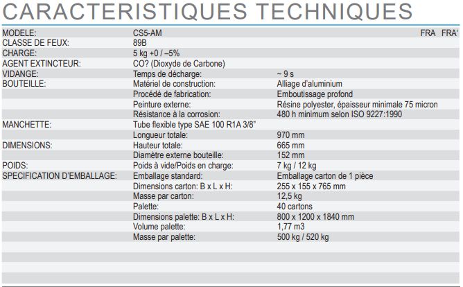 Extincteur à dioxyde de carbone CS5-AM - Anaf - capacité 5 kg - certifié PED, MED et NF EN3_1