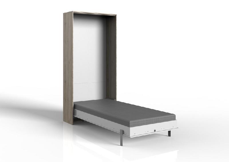 Lit escamotable VANIER - Décor chêne - Façade blanche - Couchage 90 x 200 cm - Faible profondeur - Sommier inclus_1