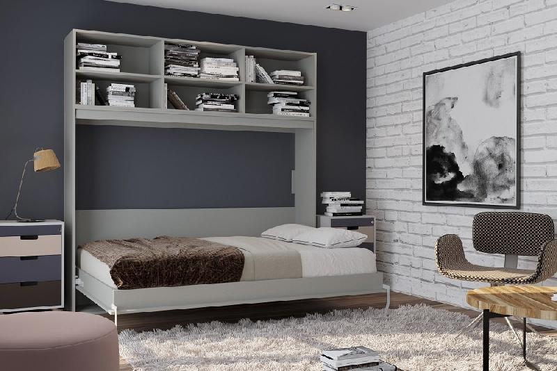 Lit escamotable STRADA-V2 gris mat - Couchage 140 x 200 cm avec surmeuble 6 niches de rangement_1