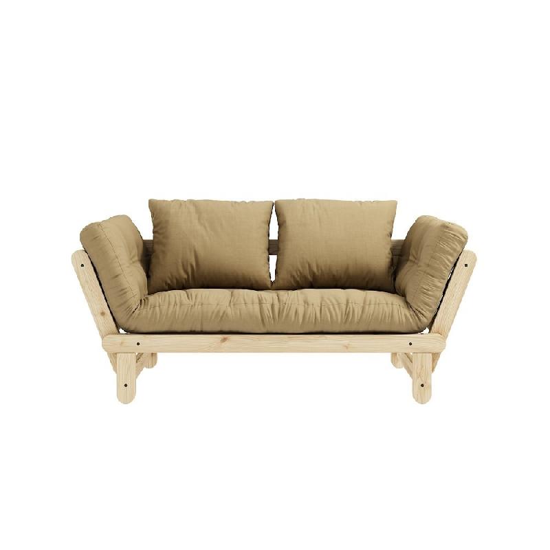 Banquette méridienne futon Beat en pin naturel - Tissu beige blé - Couchage 75x200 cm - Convertible et modulable_1