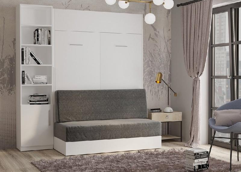Composition lit escamotable blanc mat Dynamo Sofa - Canapé gris - Couchage 140 x 200 cm avec colonne bibliothèque_1