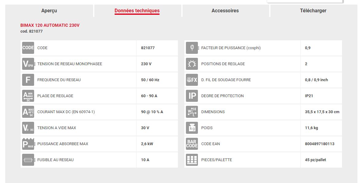 Bimax 120 Automatic - poste à souder à l'arc - Telwin - 230V - puissance absorbée max 2,6 kW - protection thermostatique_1