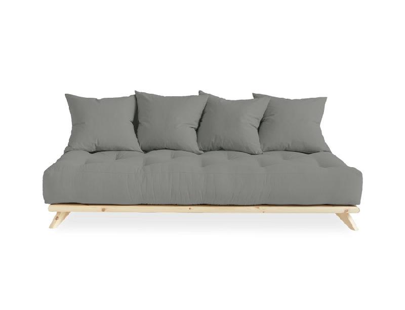 Canapé convertible futon Senza - Pin naturel - Coloris gris - Couchage 90 x 200 cm - Design minimaliste et cocooning_1