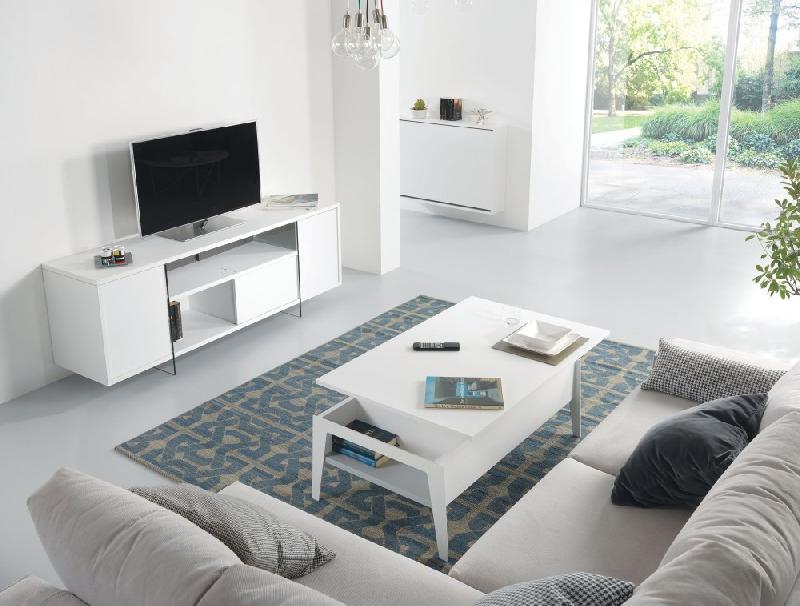Table basse relevable Brighton - Blanc mat, piètement blanc, 110x70 cm avec espace de rangement_1
