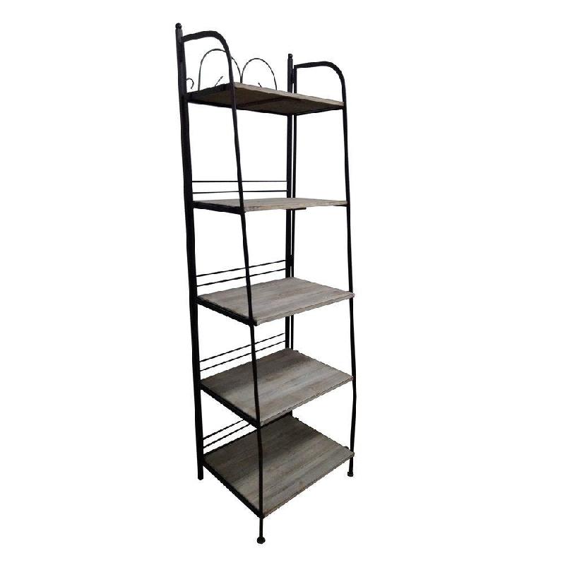 Étagère pliante métal et bois - 5 étagères - L60xP50xH200cm - Gris et bois brut_1