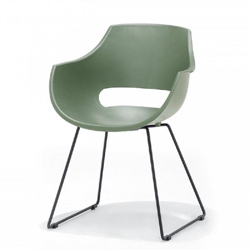 Lot de 4 chaises design Remo - coque verte mat - piétement luge métal noir mat_1