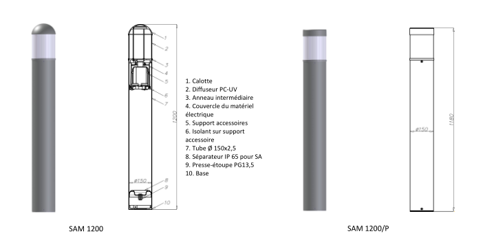 Borne lumineuse d'éclairage public électrique - SAM 1200 - HID, halogène, fluorescente - 23 à 70W - aluminium anodisé - 1,2 m_1
