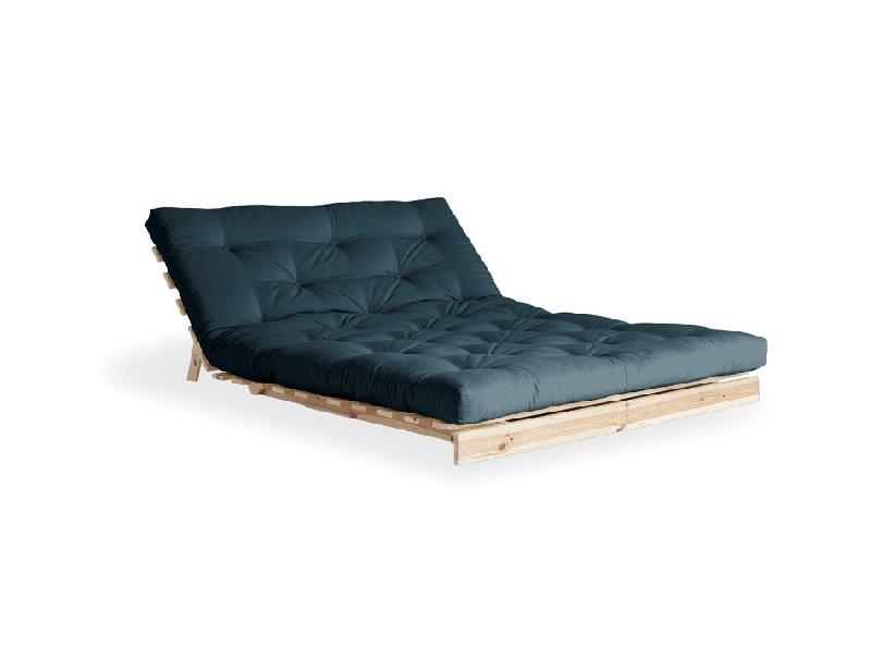 Canapé convertible futon ROOTS - Pin naturel - Tissu bleu pétrole - Couchage 160x200 cm - Design japonais et scandinave_1