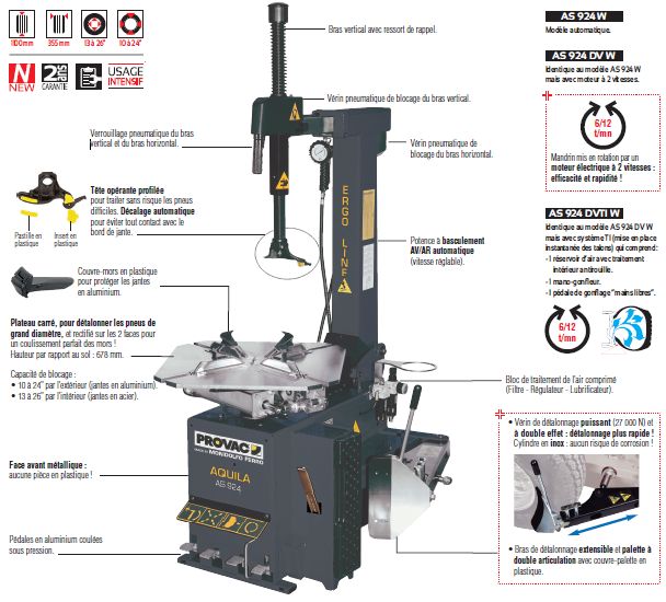 AS924DVW - Monte/Démonte-Pneus Automatique 400V avec Blocage Extérieur de 10 à 24 pouces - Application Moto/VP/VU_1