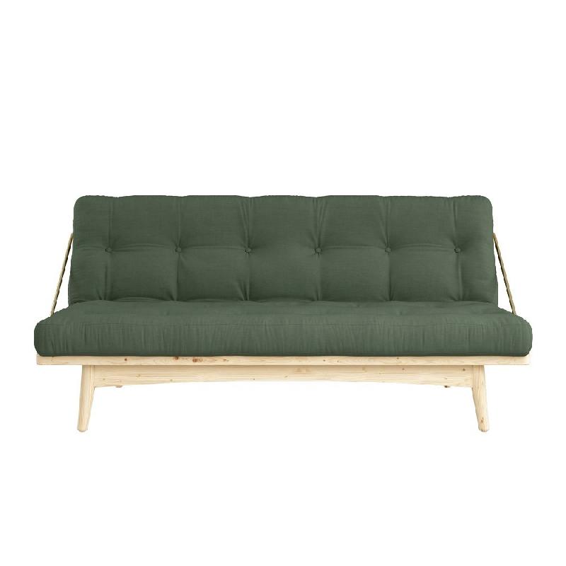 Banquette futon FOLK en pin massif - Coloris vert olive - Couchage 130 x 190 cm - Design scandinave avec accoudoirs en métal_1