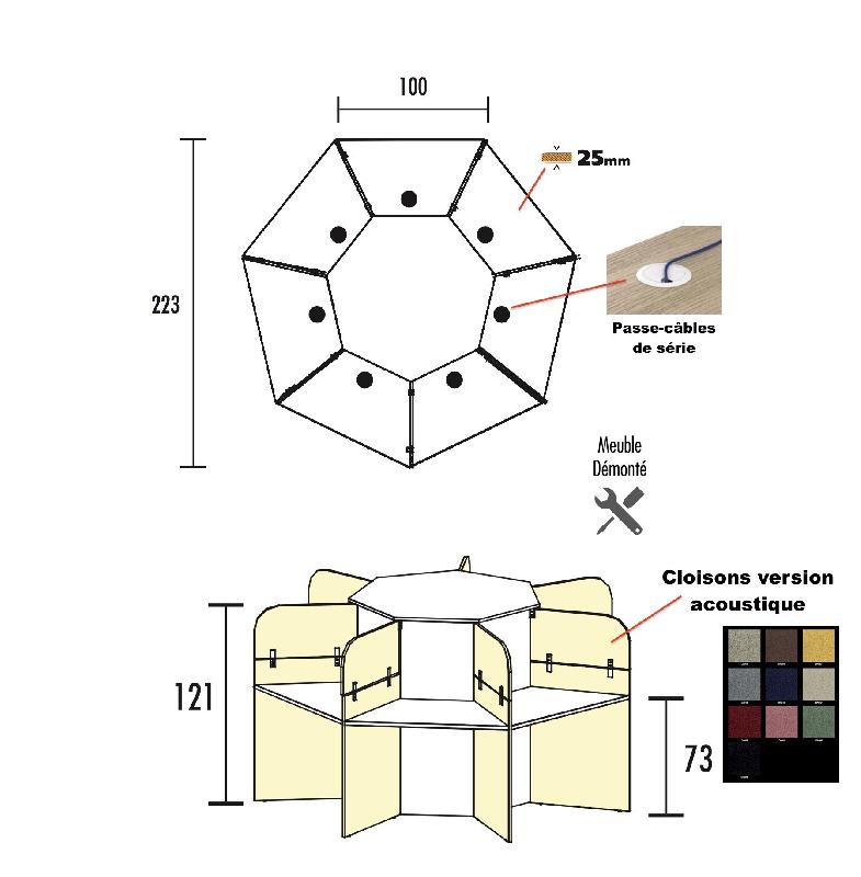 Bureau call center 7 places forme marguerite avec cloisons acoustiques. - chêne moyen , 7 places, beige da054_1