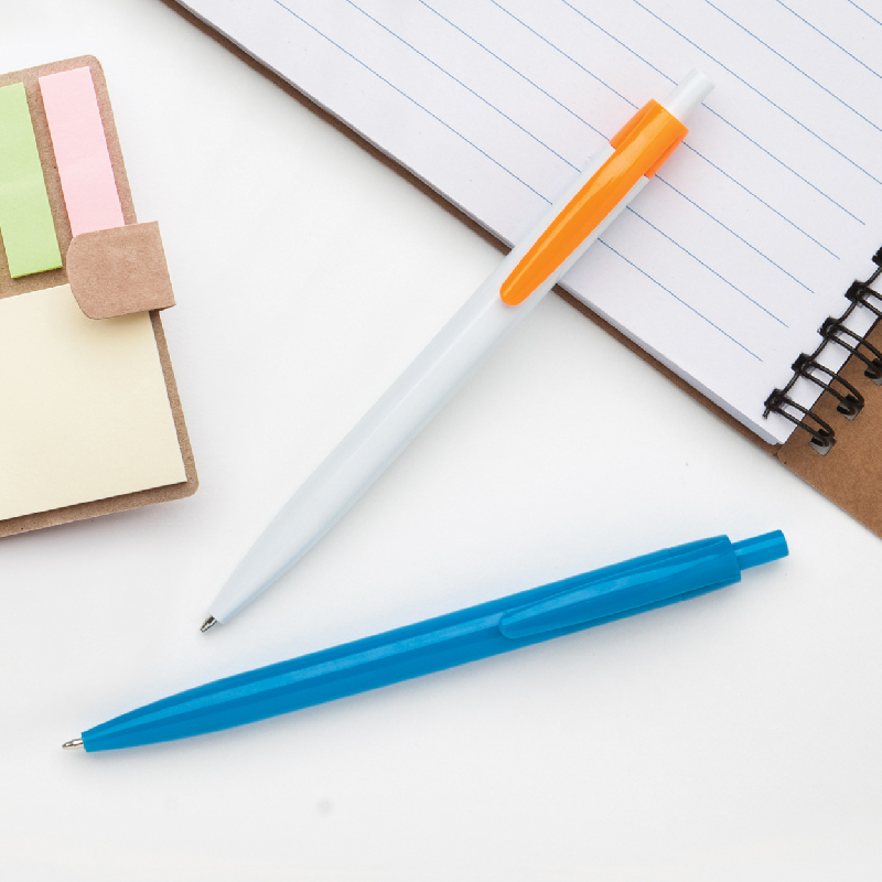 Stylo à bille en plastique - corps blanc, clip coloré - encre bleue_1