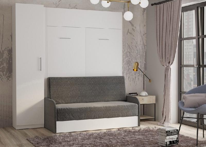 Composition lit escamotable blanc mat Dynamo Sofa - Canapé avec accoudoirs gris et colonne de rangement 140x200 cm_1