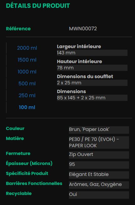 Emballage écologique - Malenge Packaging - largeur intérieure 143 mm - Doypack® monomatériau PE impression kraft - MWN00072_1