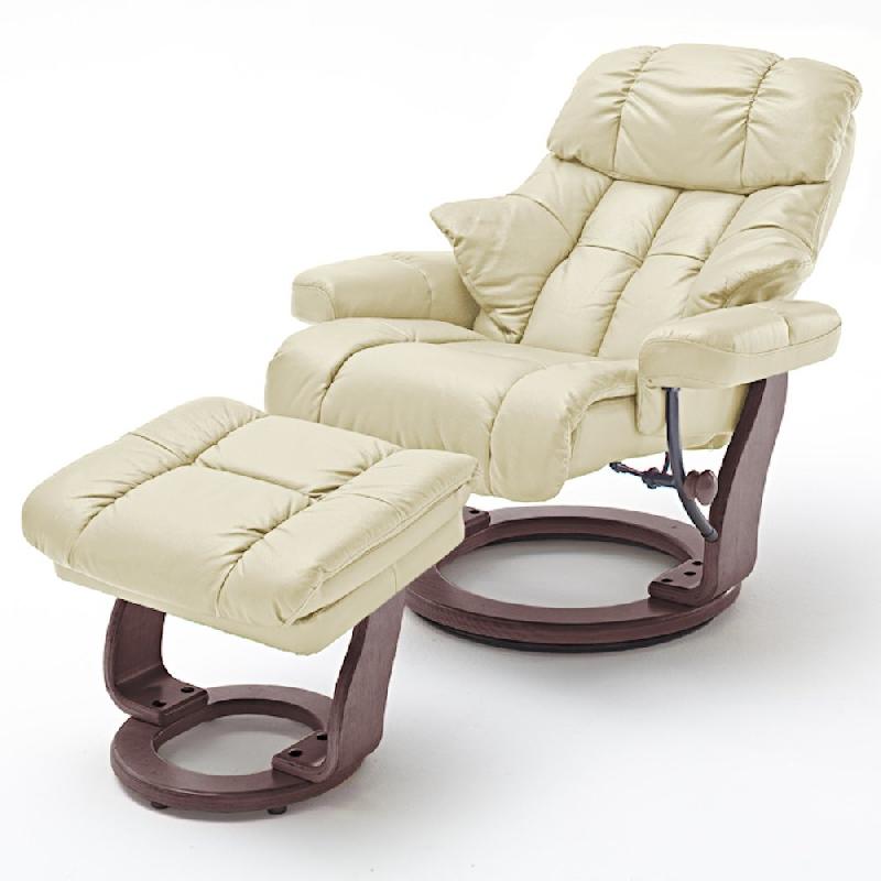 Fauteuil relax CLAIRAC XL - assise en cuir crème, pied en bois couleur noyer avec repose-pied - inclinable à 135° et pivotant à 360°_1