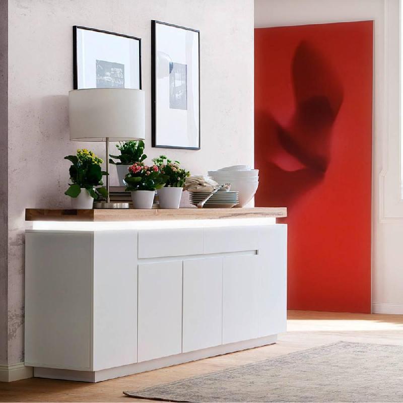 Buffet Romina 5 portes 2 tiroirs - laqué blanc mat avec plateau en chêne noueux huilé - LED intégré_1