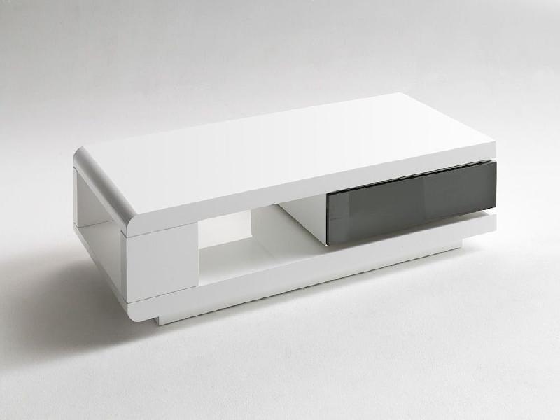 Table basse design ICHY - laquée blanc brillant, façade gris laqué, plateau rotatif à 360°_1