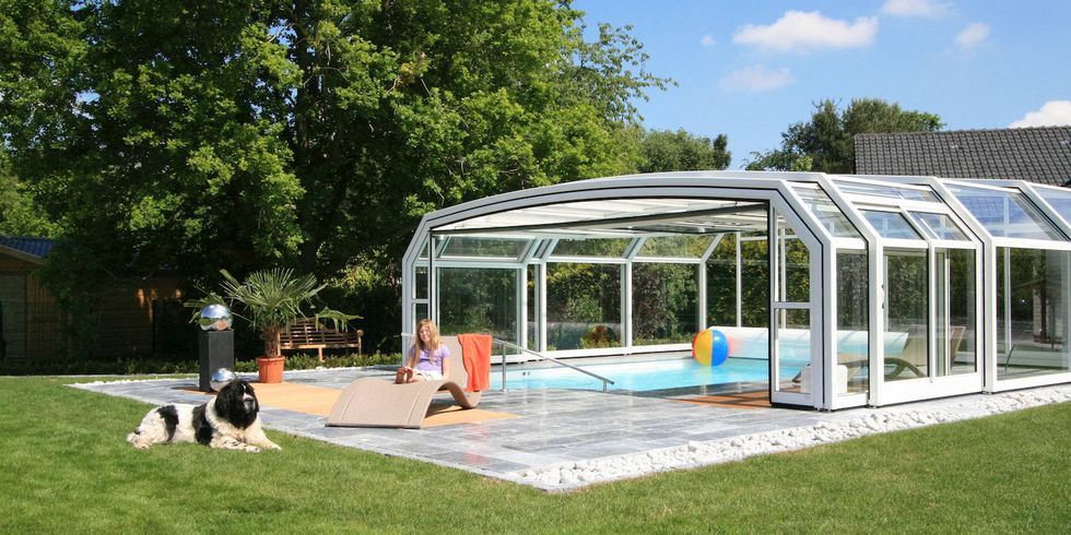 Abri piscine haut San Marino - télescopique, motorisé, adossé ou indépendant, en polycarbonate_0