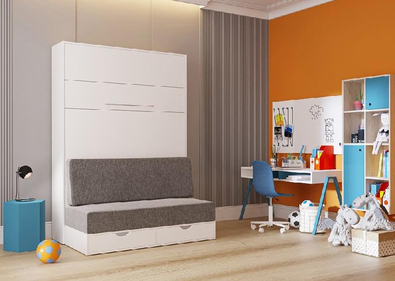 Armoire-lit escamotable KOMPACT SOFA avec canapé, tiroirs, blanc mat et tissu gris - Couchage 160x200 cm_1