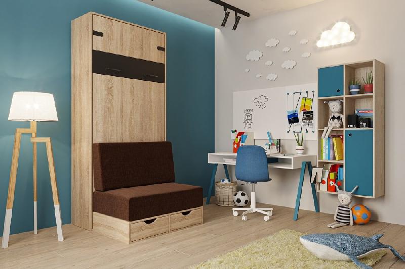 Lit escamotable style industriel KEY SOFA - 90x200 cm - Chêne naturel avec canapé et tiroirs de rangement marron_1