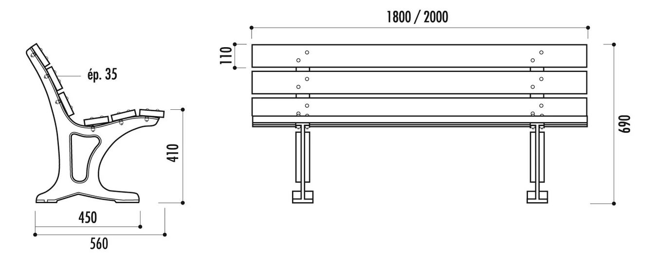 Banc public Barcelone - bois exotique - pieds en fonte - 180 cm ou 200 cm_1