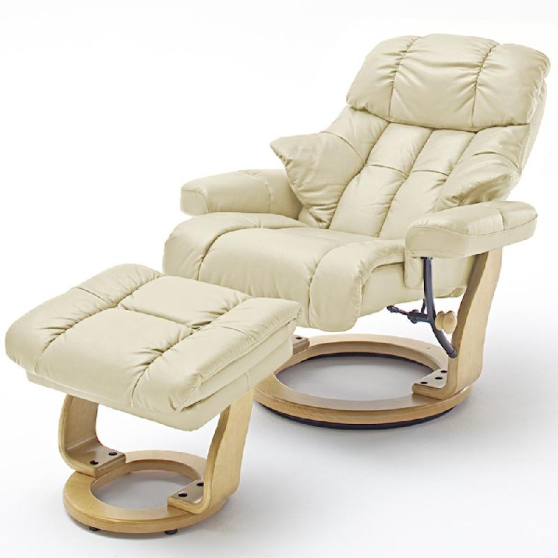 Fauteuil relax CLAIRAC XL - assise en cuir crème, pied en bois naturel, inclinable à 135° avec repose-pied_1
