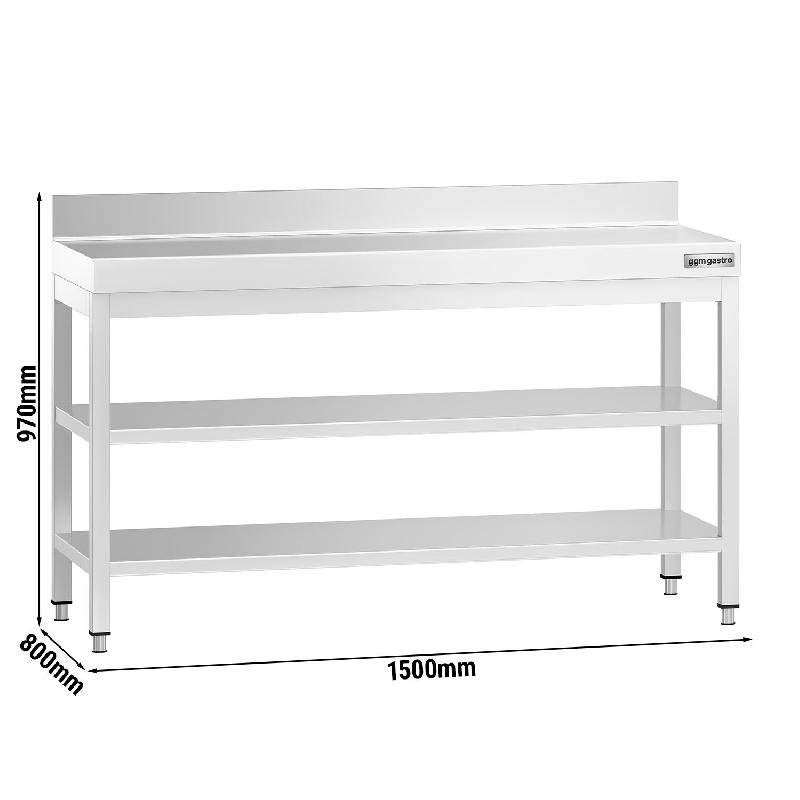 Table Inox de travail Premium avec Dosseret et 2 Étagères - Profondeur 800 mm - 1500_1