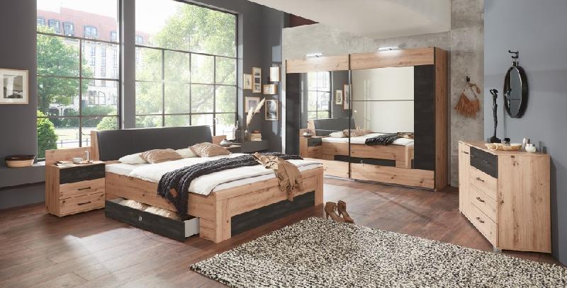 Cadre de lit avec chevets et tête de lit BRANDO - 180 x 200 cm - Chêne artisan et graphite - Tête en cuir synthétique gris_1