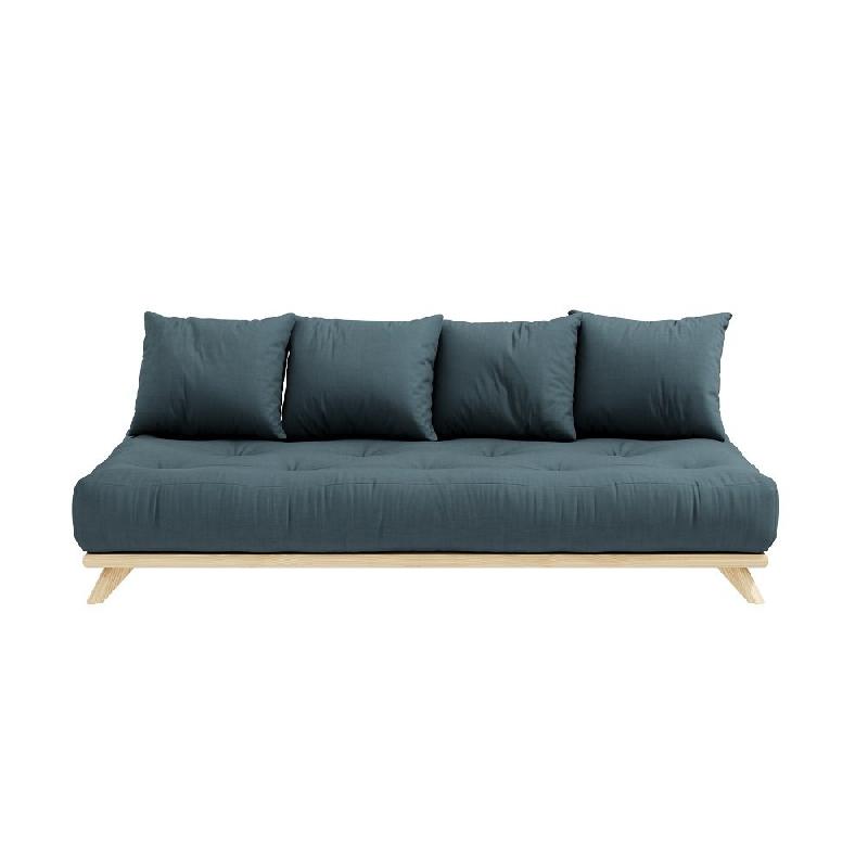 Canapé convertible futon Senza - Pin naturel - Coloris bleu pétrole - Couchage 90 x 200 cm - Design minimaliste et cocooning_1