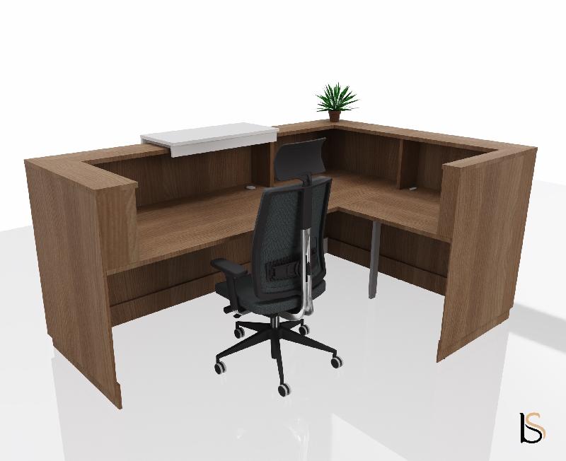 Banque d'accueil d'angle Delta Plus avec réhausse - Mobel Linea - 224, Blanc mat, Gauche, Acacia foncé, Oui_2