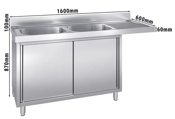 Plonge avec passage lave-vaisselle 160 x 60cm et placard - 2 cuves à gauche l40 x p40 x h25 cm_1