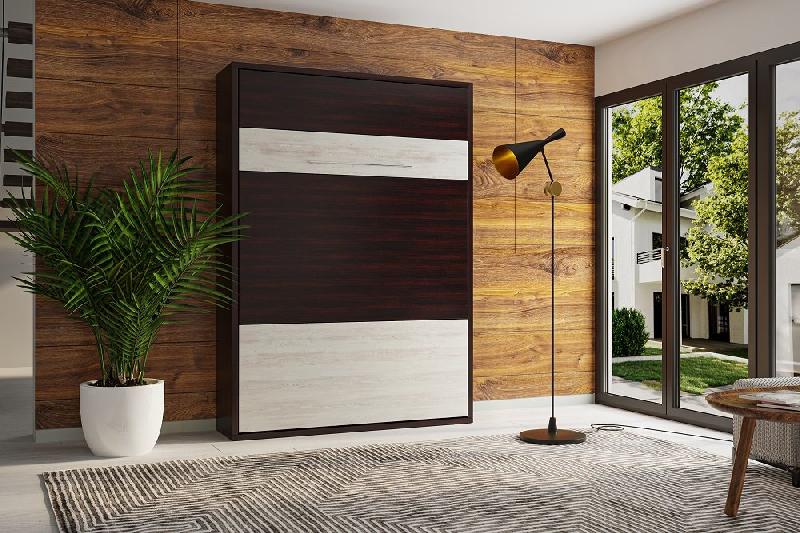 Armoire lit escamotable Mykonos Wengué / Pin - Couchage 140x200 cm - Ouverture assistée et design bi-ton_1