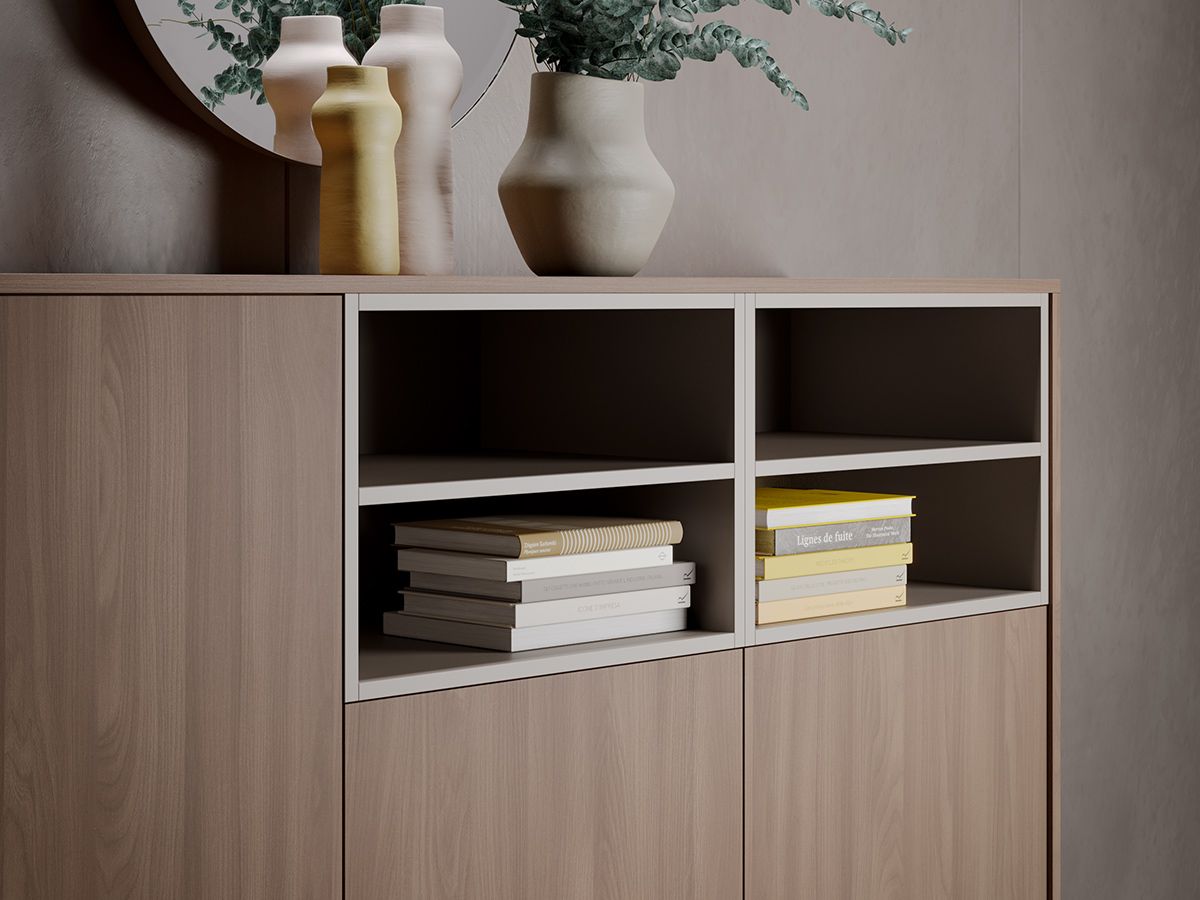 Armoire mi-haute push open Ostara O6 - 3 compartiments portes battantes et modules ouverts - L184 x H130 cm_1