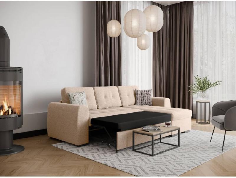 Canapé d'angle réversible convertible Danko - tissu beige avec coffre de rangement_1