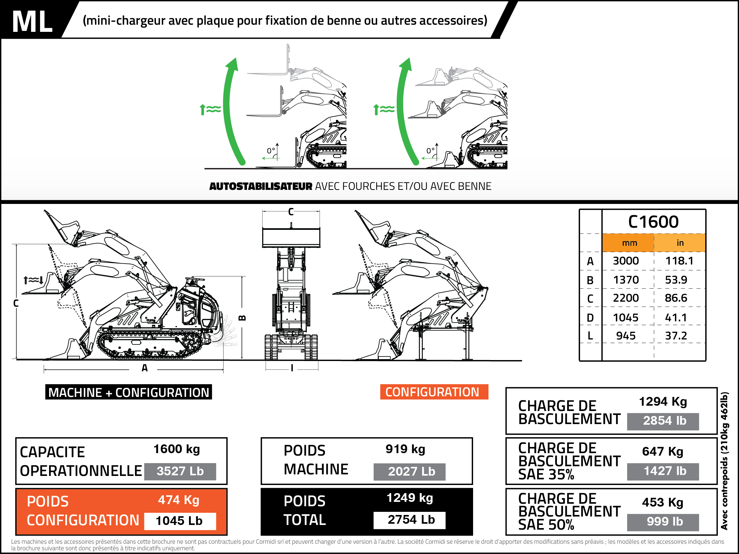 Mini-chargeuse 1.2t - Cormidi C1600 - capacité 1600kg_1